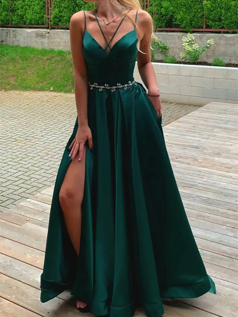 V Neck Dark Green Retract Your Waist Long Formal Evening Dresses