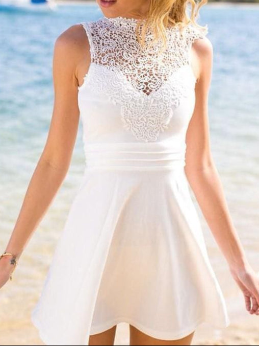 Bridelily A-Line Satin High Neck Sleeveless Mini Homecoming Dresses With Lace