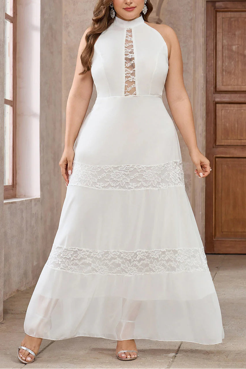 Unique design White A-Line Halter Lace Retract Your Waist Long Party Dress