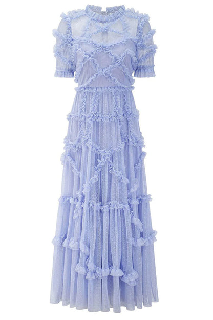 Fairytale Mock Neck Sleeved Dotted Tulle Tiered Ruffle Maxi Party Dress