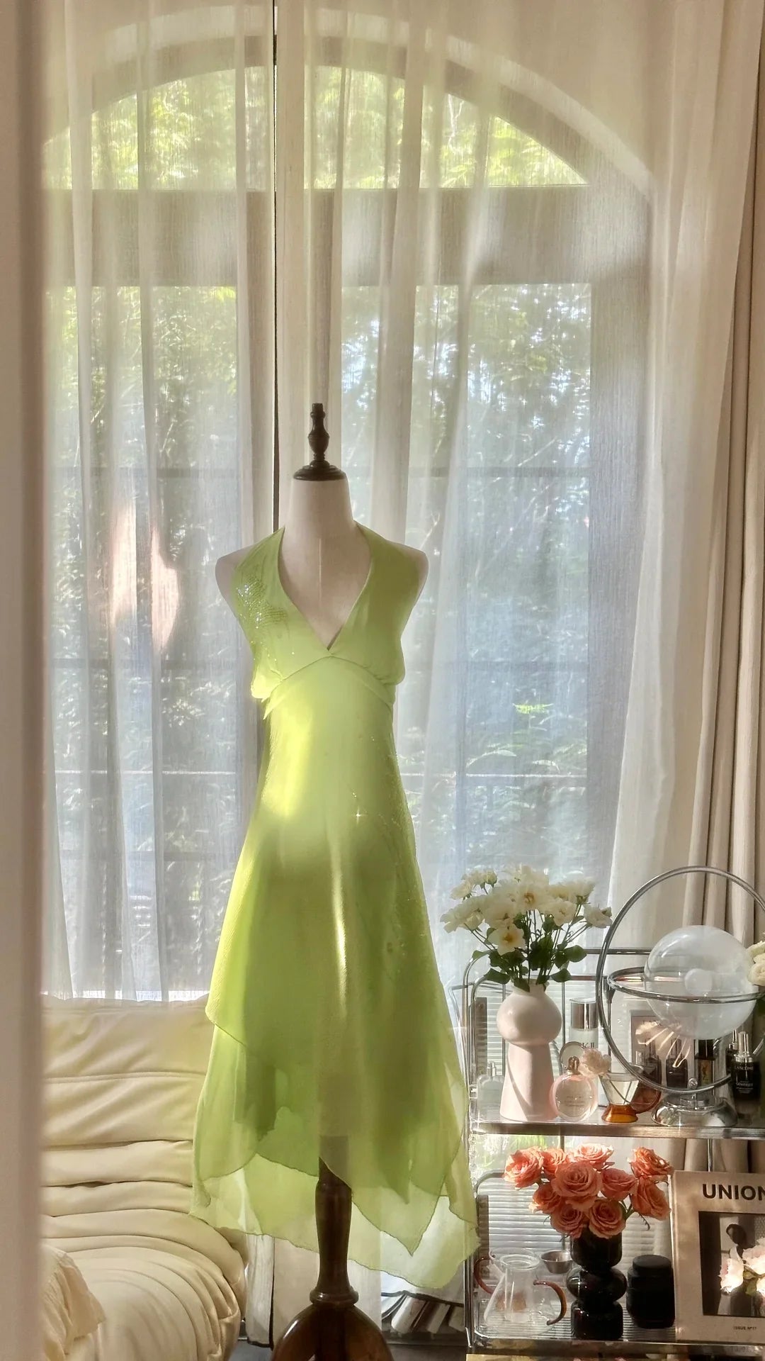 Gentle A Line Halter Beaded Green Chiffon Open Back Party Dress