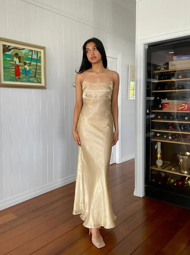 Spaghetti Strap Satin Open Back Evening Dress Simple Sheath Party Dress