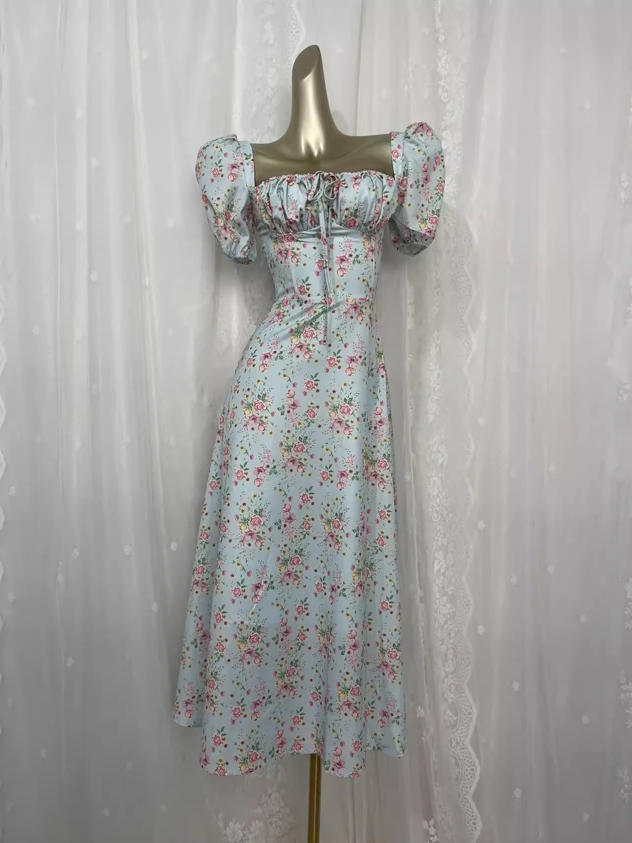 Square Neckline Floral Vacation Beach Dress Vintage A line Prom Dress