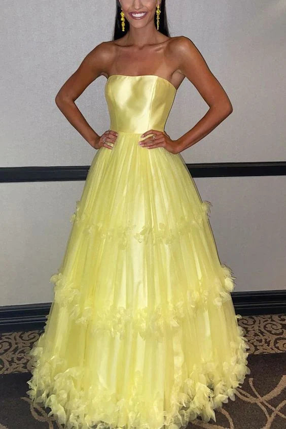 Yellow Long Formal Dress Retract Your Waist Strapless A-line prom dress