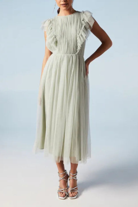 Classic fit Ruffle Shoulder Mesh Retract Your Waist Bridesmaid Midi Dress