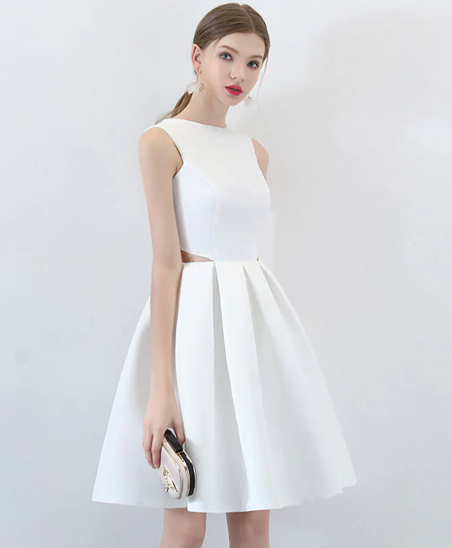 Simple White Satin Short Prom Dress, Unique design Retract Your Waist Homecoming Dress