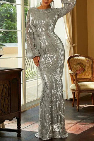 Silver Crew Neck Long Sleeve Top-quality fabric Mermaid Long Evening Dress