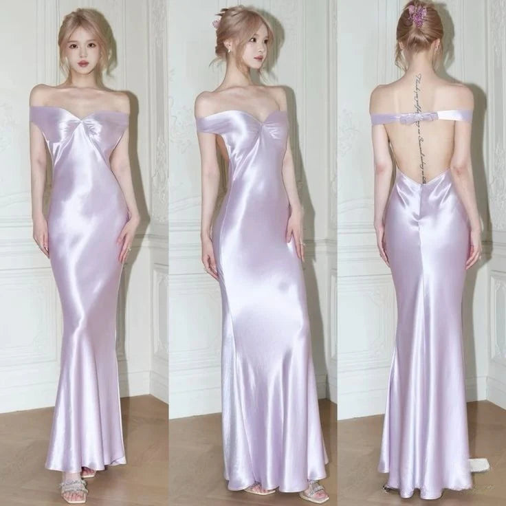 Off-shoulder Satin Mermaid Long Prom Dresses Elegant Backless Fashion Light Pink Evening Dresses