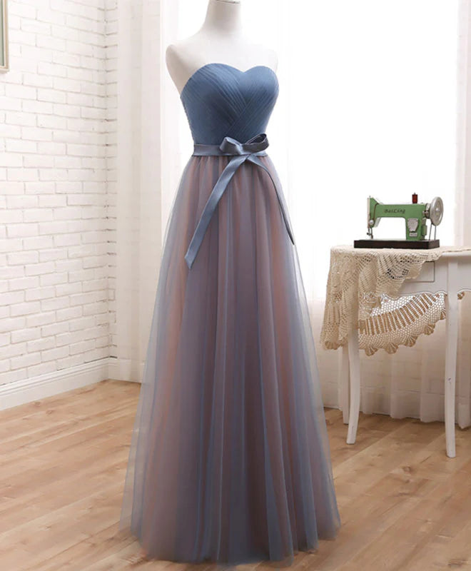 Cute Tulle Sweetheart Neck Prom Dress, Unique design Gray Blue Long Formal Dress