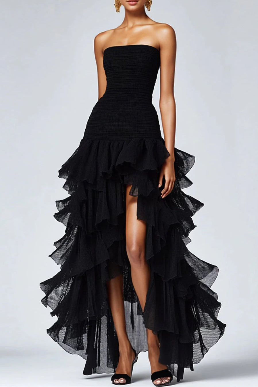 Black Strapless Tulle Tiered Ruffles Retract Your Waist Formal Dress