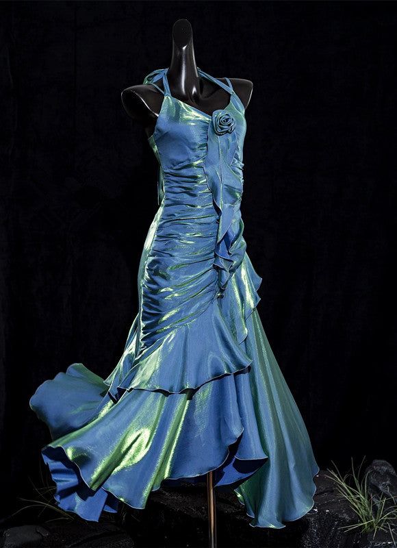 Vintage Mermaid Spaghetti Straps Ruffle Ice Blue Satin Long Length Prom Dress