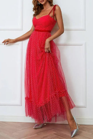 Red Polka Dot Tulle Tie-Strap  Retract Your Waist Long Evening Dress