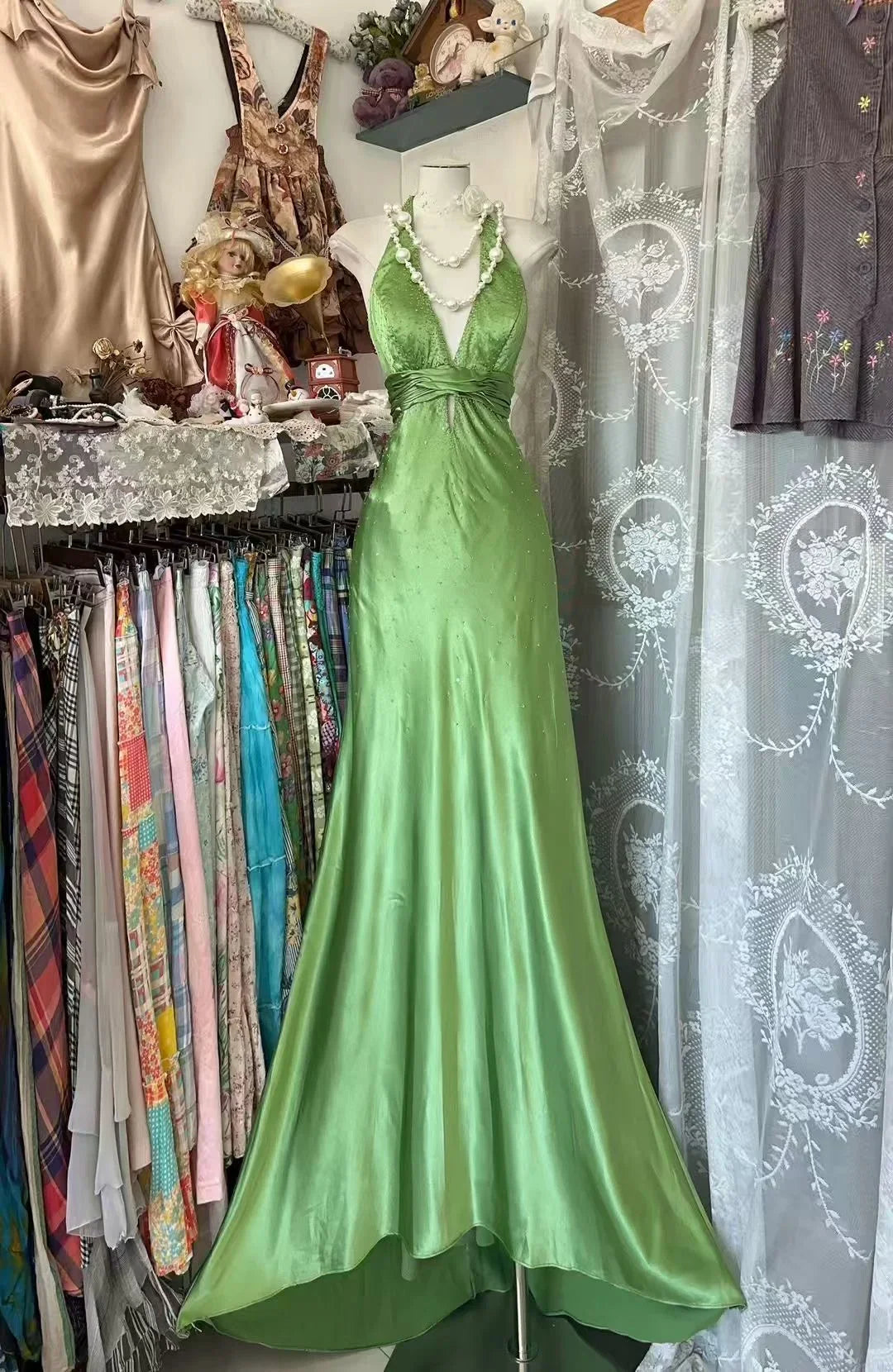 Vintage A Line Halter Beaded Green Satin Open Back Prom Dress