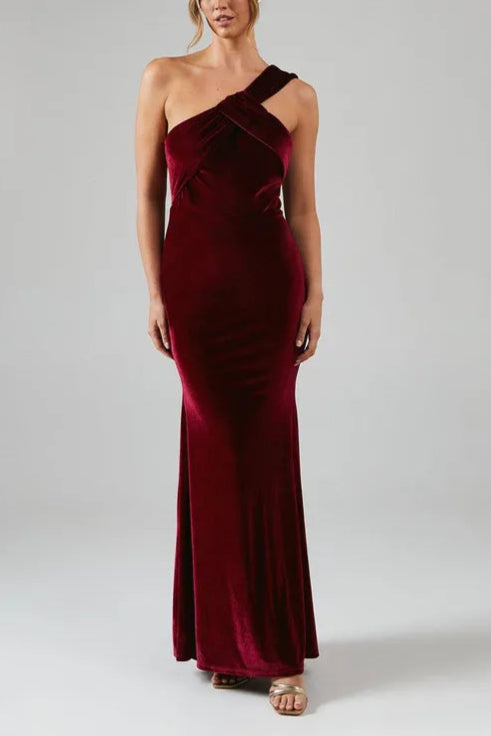 One Shoulder Full of charm Twist Detail Velvet Slim-fit Maxi Bridesmaid Dress