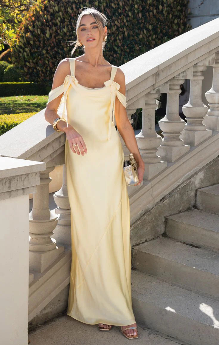 Elegant Off-the-shoulder Satin Sheath Party Dress Butter Yellow Formal Evening Dress