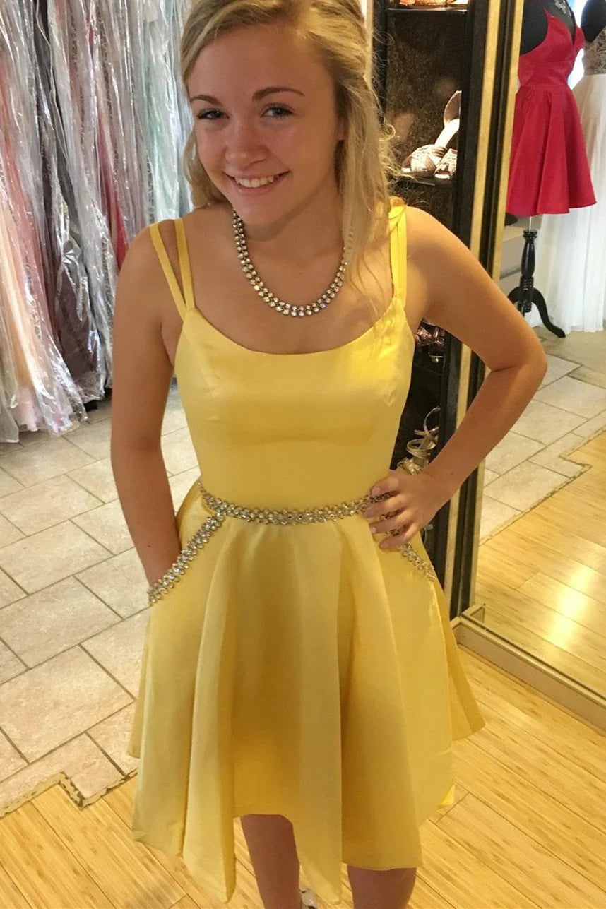 Yellow Spaghetti strap Retract Your Waist Homecoming Dress with Pockets