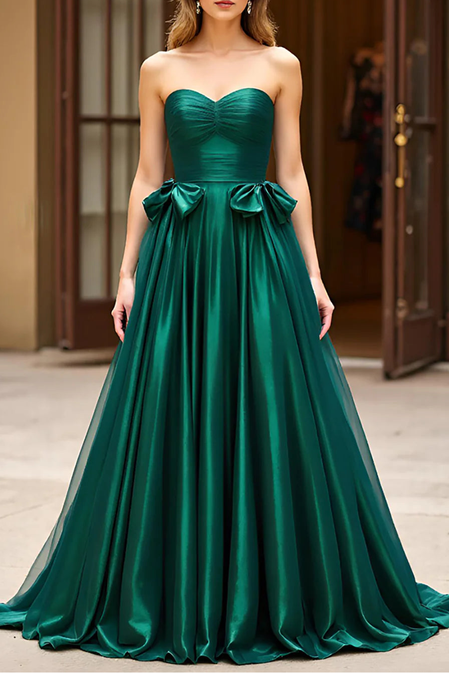 Unique design Dark Green Long A Line Sweetheart Prom Dress With Bow