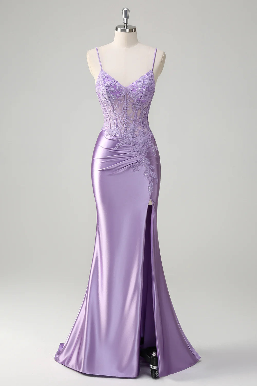Lilac Floral Mermaid Corset Long Slim-fit Prom Dress With Slit