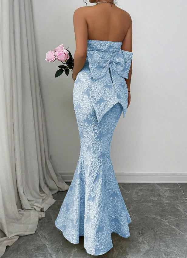 Mermaid Strapless Jacquard Satin Formal Evening Dress Elegant Blue Gorgeous Party Dress