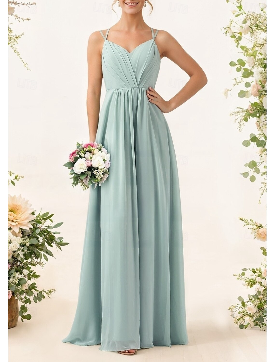 A-Line Bridesmaid Dress Spaghetti Strap Sleeveless Elegant Floor Length Chiffon with Pleats