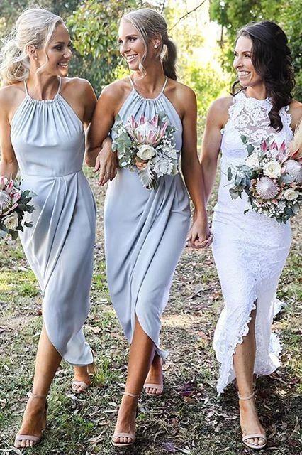 Grey-blue Halter Chiffon Tea-Length Bridesmaid Dresses, Cheap Wedding Party Dress