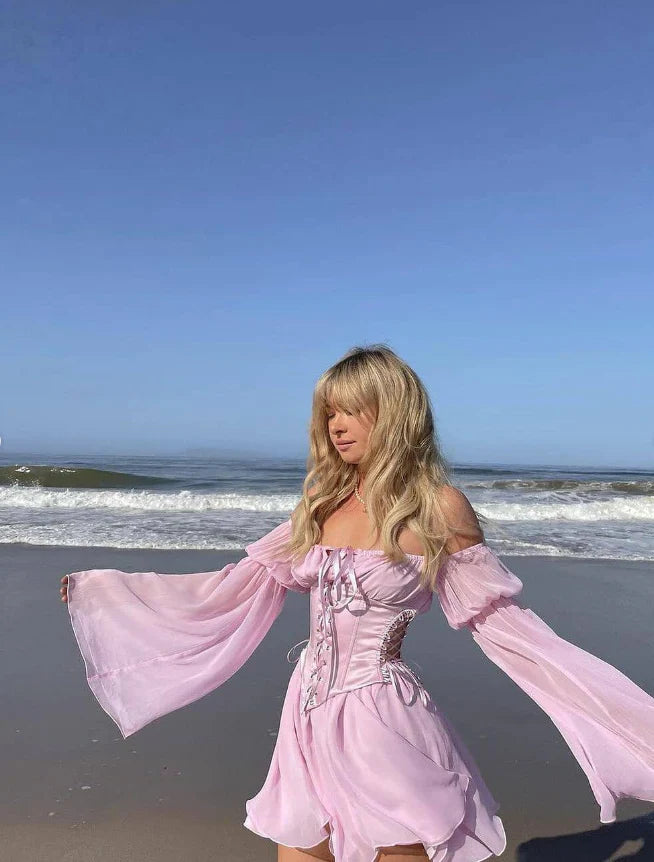 Pink A Line Long Sleeve Chiffon Satin Short Homecoming Dress Outfits