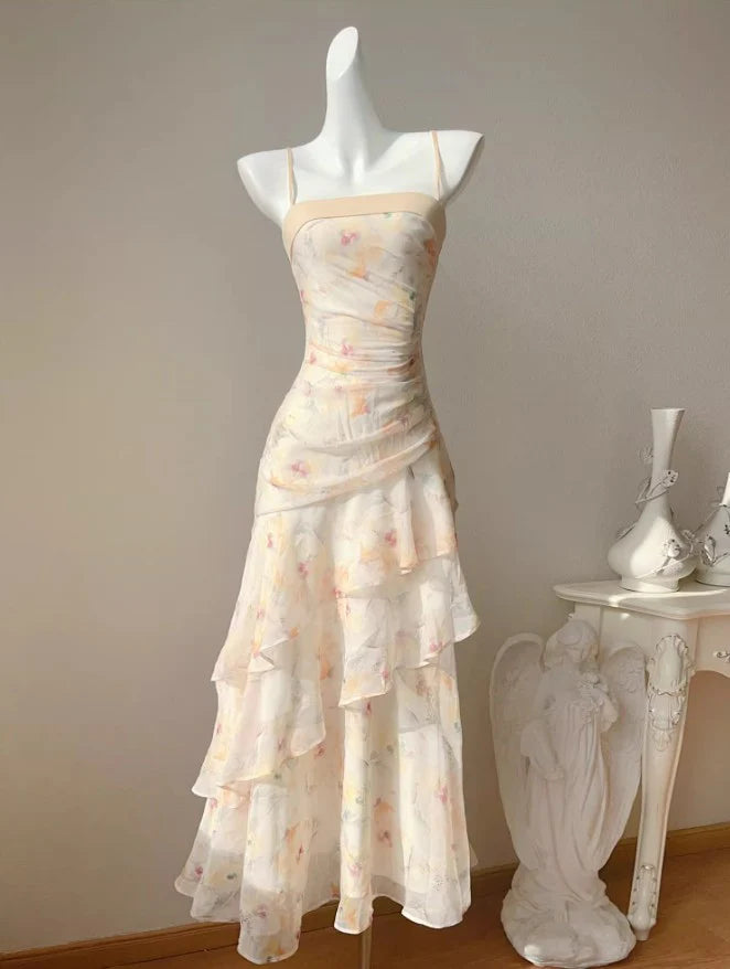 Sweet French Ruffle Print Spaghetti Strap Fashion Mermaid Party Dress