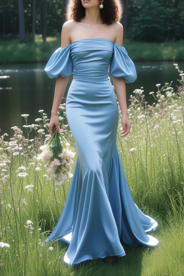 Blue Off The Shoulder Mermaid Ruched Retract Your Waist Long Prom Dress