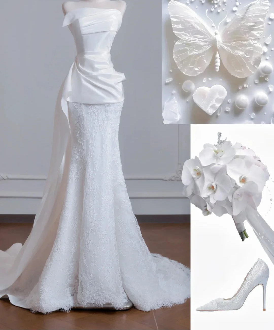 Satin Lace Mermaid Train Wedding Dress White Strapless Elegant Long Prom Dresses