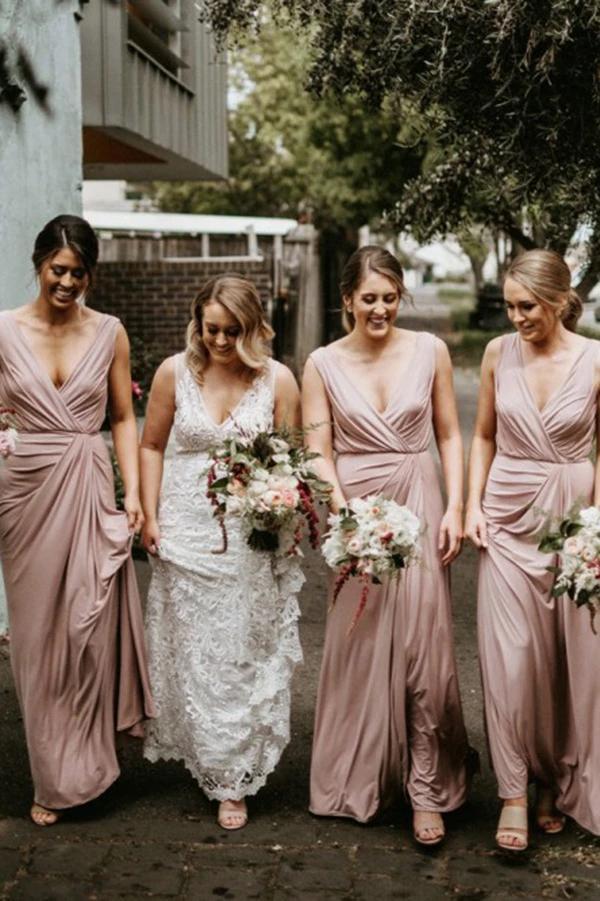 Unique design Chic V Neck Sleeveless Simple Floor Length Long Bridesmaid Dresses