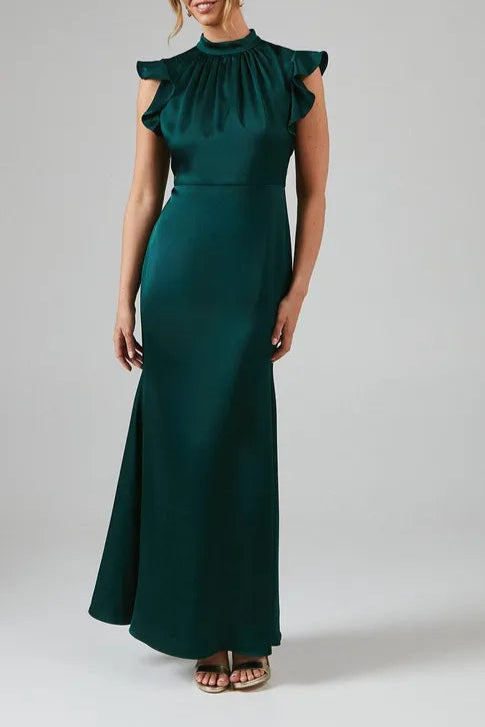 Flutter Sleeve High Neck Satin Unique design Bridesmaid Maxi Dress