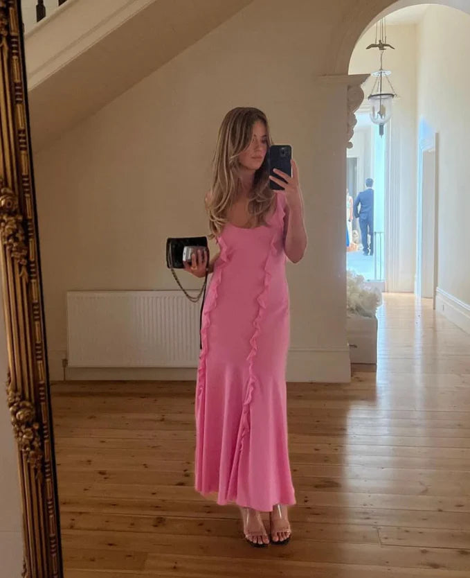 Cute Mermaid Straps Ruffle Pink Chiffon Prom Dress Graduation Party Dress