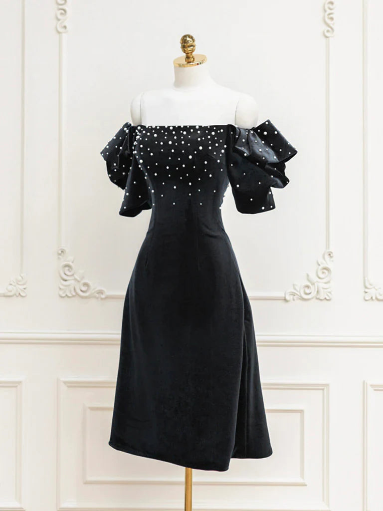 Black Velvet off-the-shoulder Beads Short Prom Dress, Unique design Homecoming Dresses
