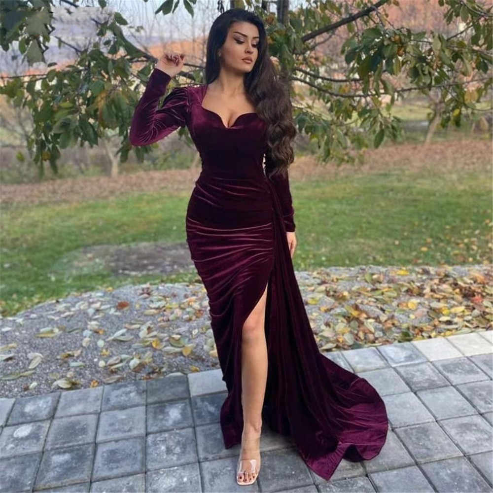 Sexy Maroon Mermaid Split Fork Long Sleeves Prom Dresses with Split