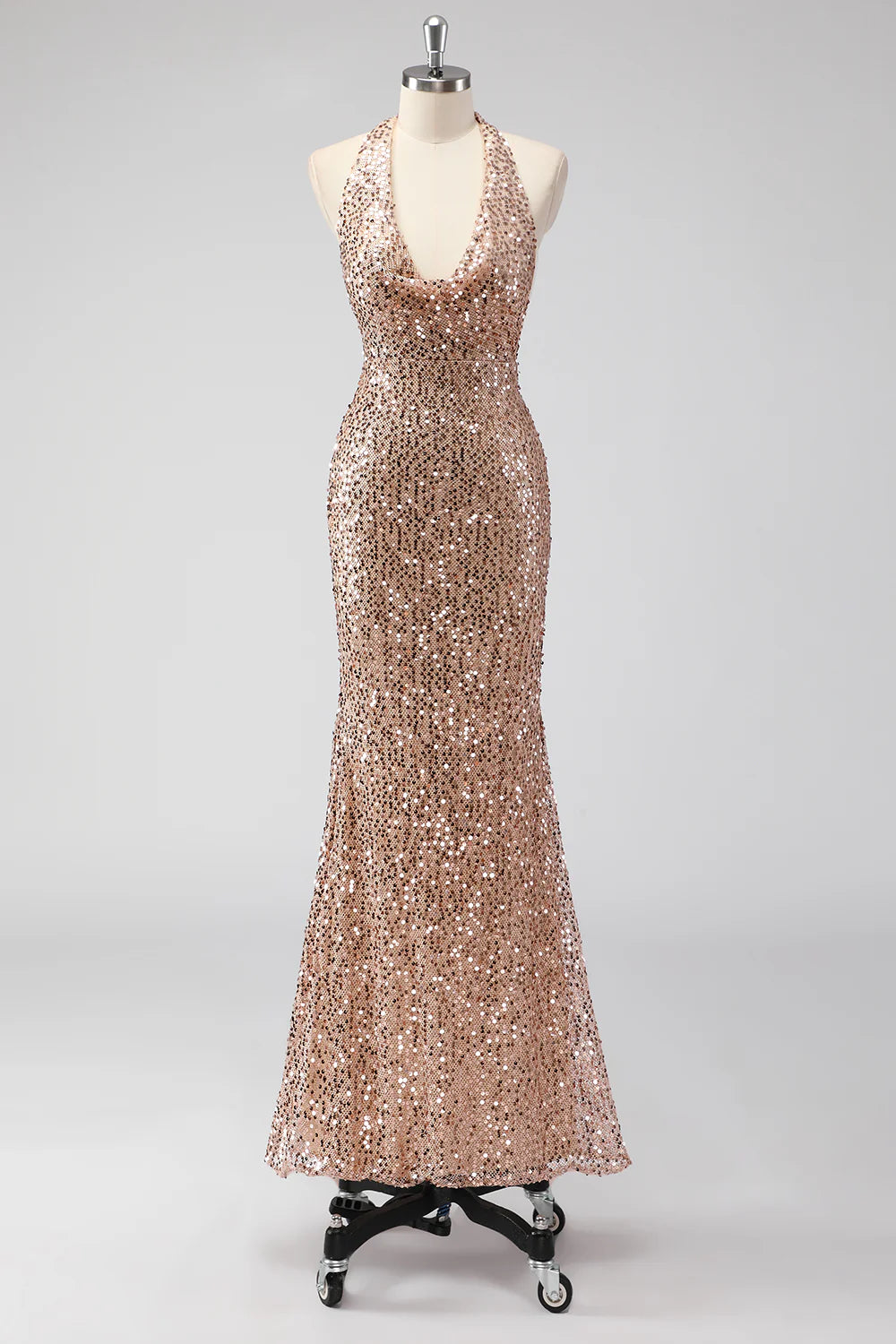 Simple and elegant Sparkly Champagne Halter Backless Long Prom Dress