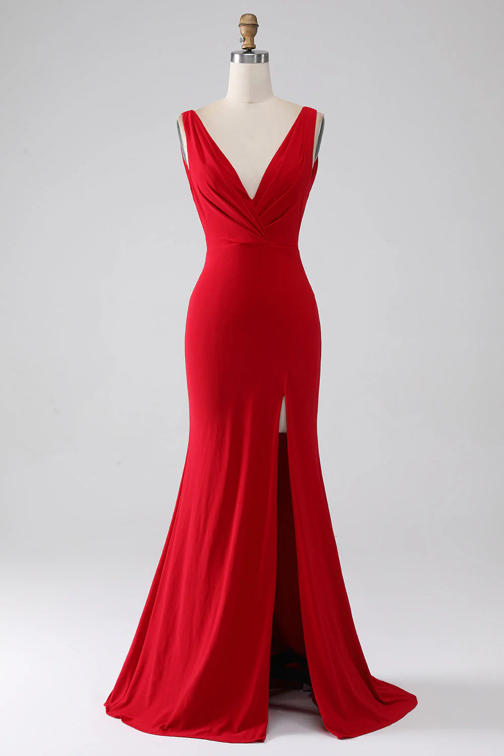 Full of charm Mermaid V-Neck Red Unique design Prom Dress With Slit