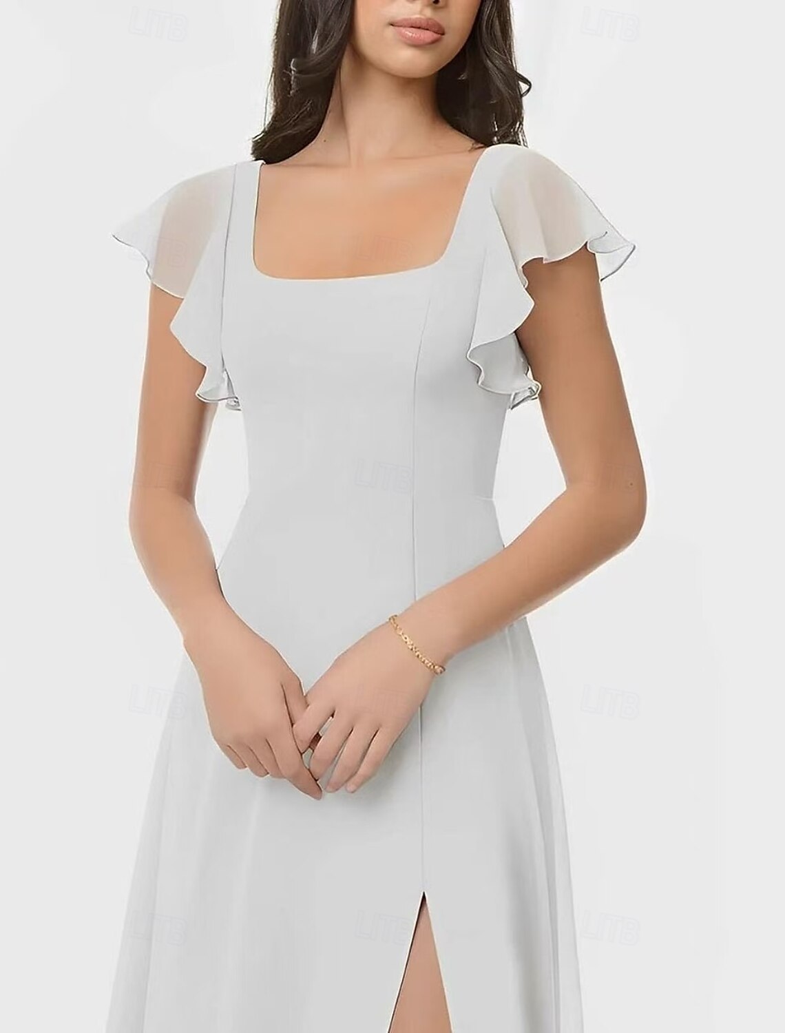 A-Line Short Sleeve Bridesmaid Dress Scoop Neck Elegant Floor Length Chiffon / Spandex with Ruffles / Draping / Split Front