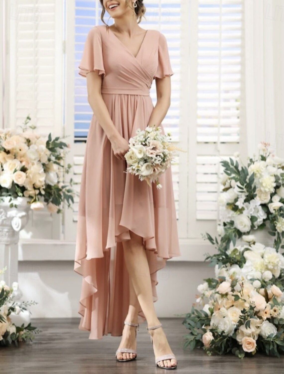A-Line Bridesmaid Dress V Neck Short Sleeve Elegant Asymmetrical Chiffon with Ruching