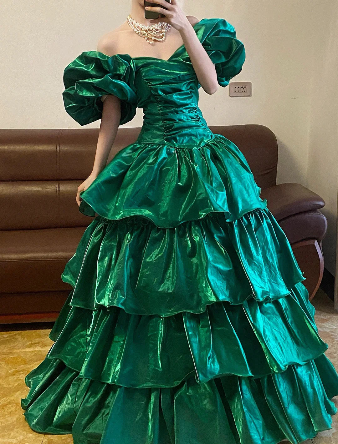 Stunning A Line Off the Shoulder Emerald Satin Long Sweep Party Dress