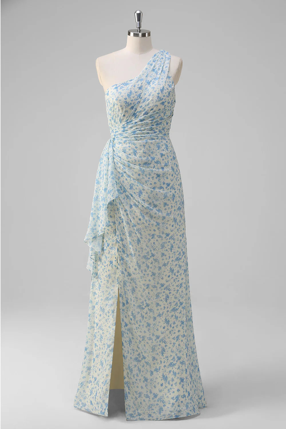 White Blue One Shoulder Flower Ruffled Long Prom Dress With Slit