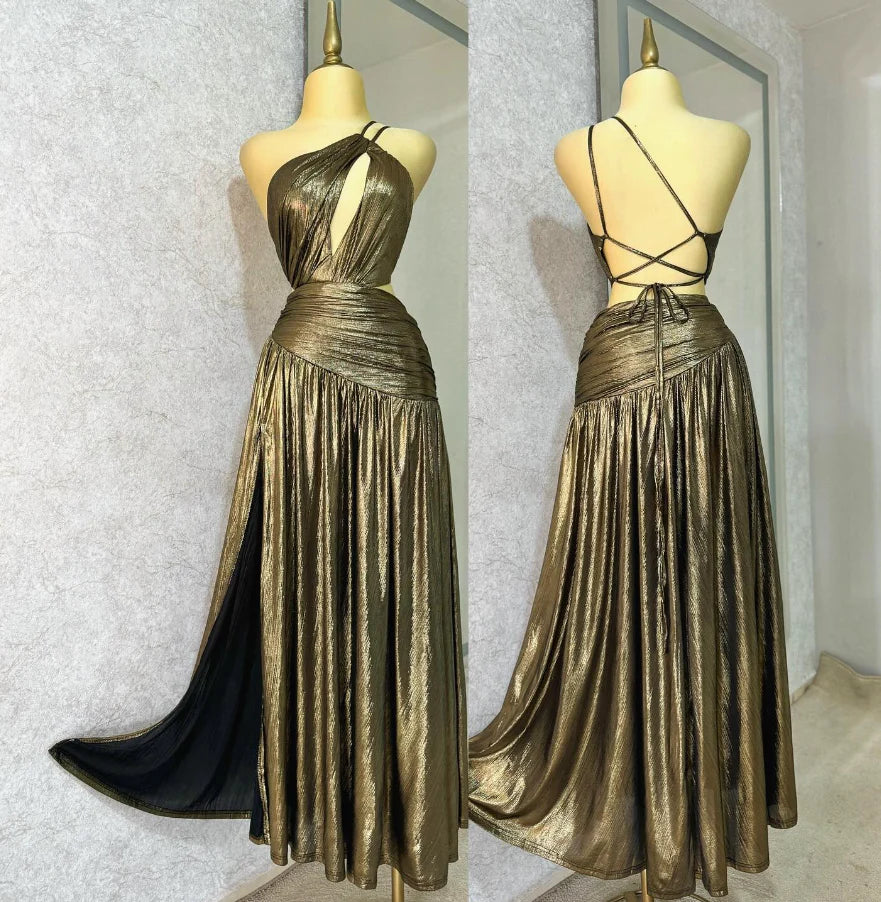 Sexy A Line One Shoulder Green Satin Open Back Prom Dress