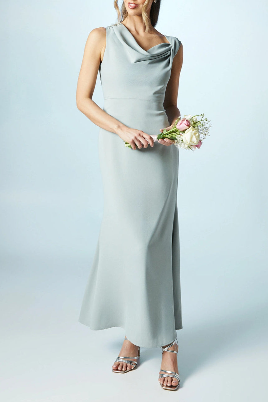 Petite Full of charm Twist Detail Cowl Neck Satin Bridesmaids Dress