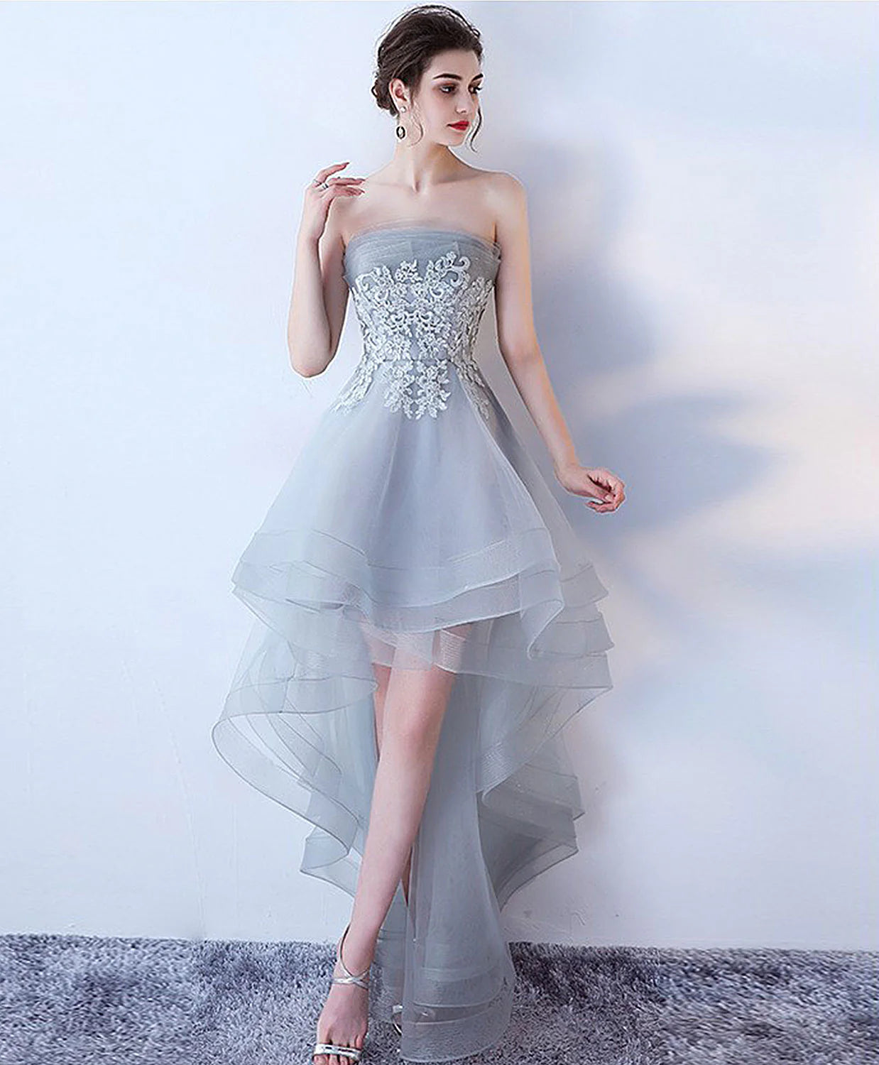 Gray Tulle Lace High Low Prom Dress Full of charm Homecoming Dress