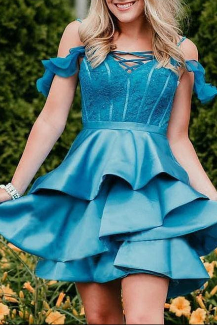 Unique design Tired Mini Prom Dresses A Line Off the Shoulder Satin Homecoming Dresses