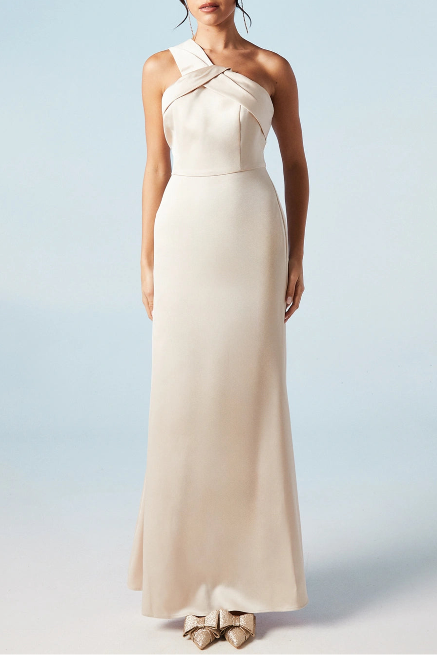 Asymmetric Unique design Neckline Satin One-Shoulder Sleeveless Bridesmaids Maxi Dress