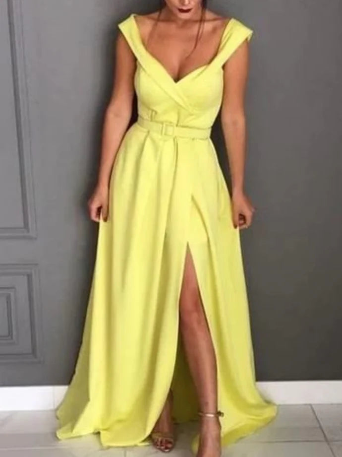 Yellow Prom Dress With Slit Off The Shoulder Formal Dress