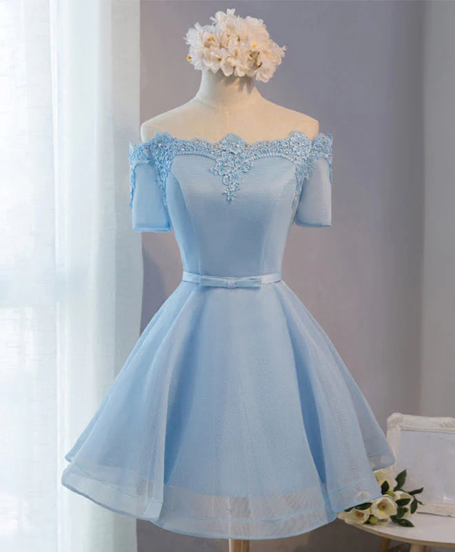 Blue A-Line Tulle Short Sleeve Lace Short Prom Dress, Classic fit Cute Homecoming Dress