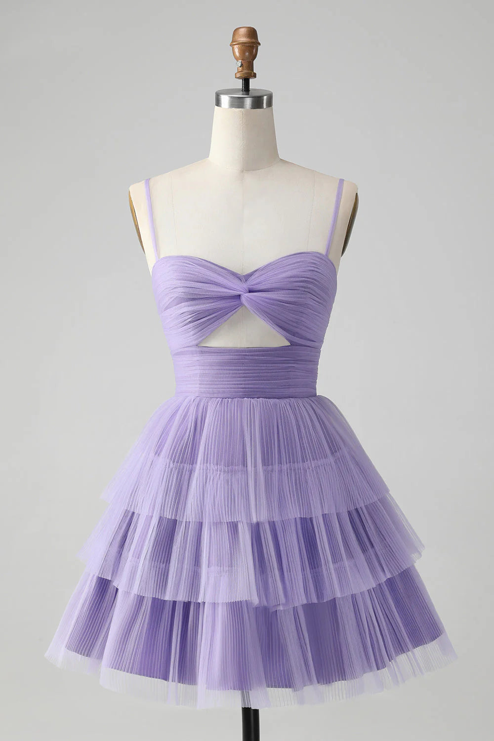 A Line Spaghetti Straps Cute Purple Tulle Tiered Short Homecoming Dress