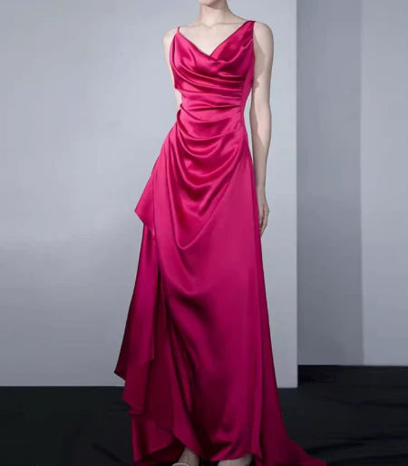 Full of charm Rose Red Satin Backless Retract Your Waist Party Dress