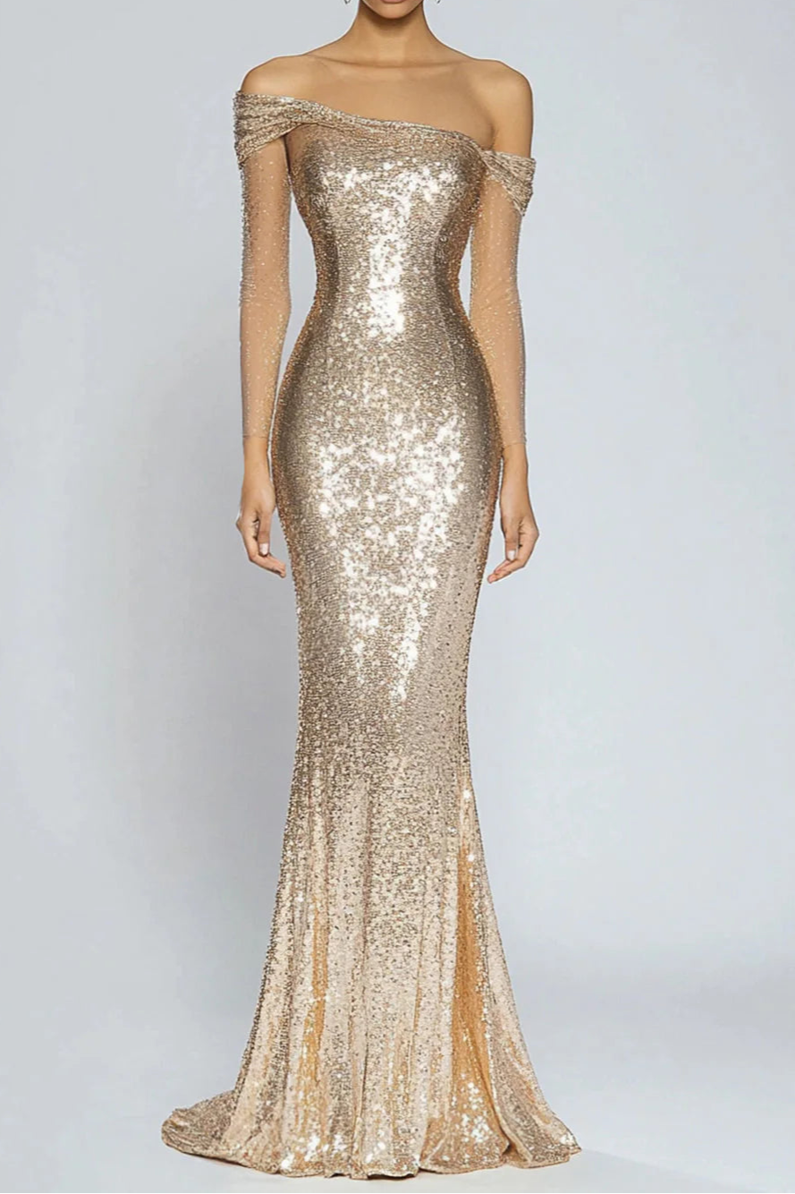 Sparkly Champagne Mermaid Off The Shoulder Sequins Long Formal Dress